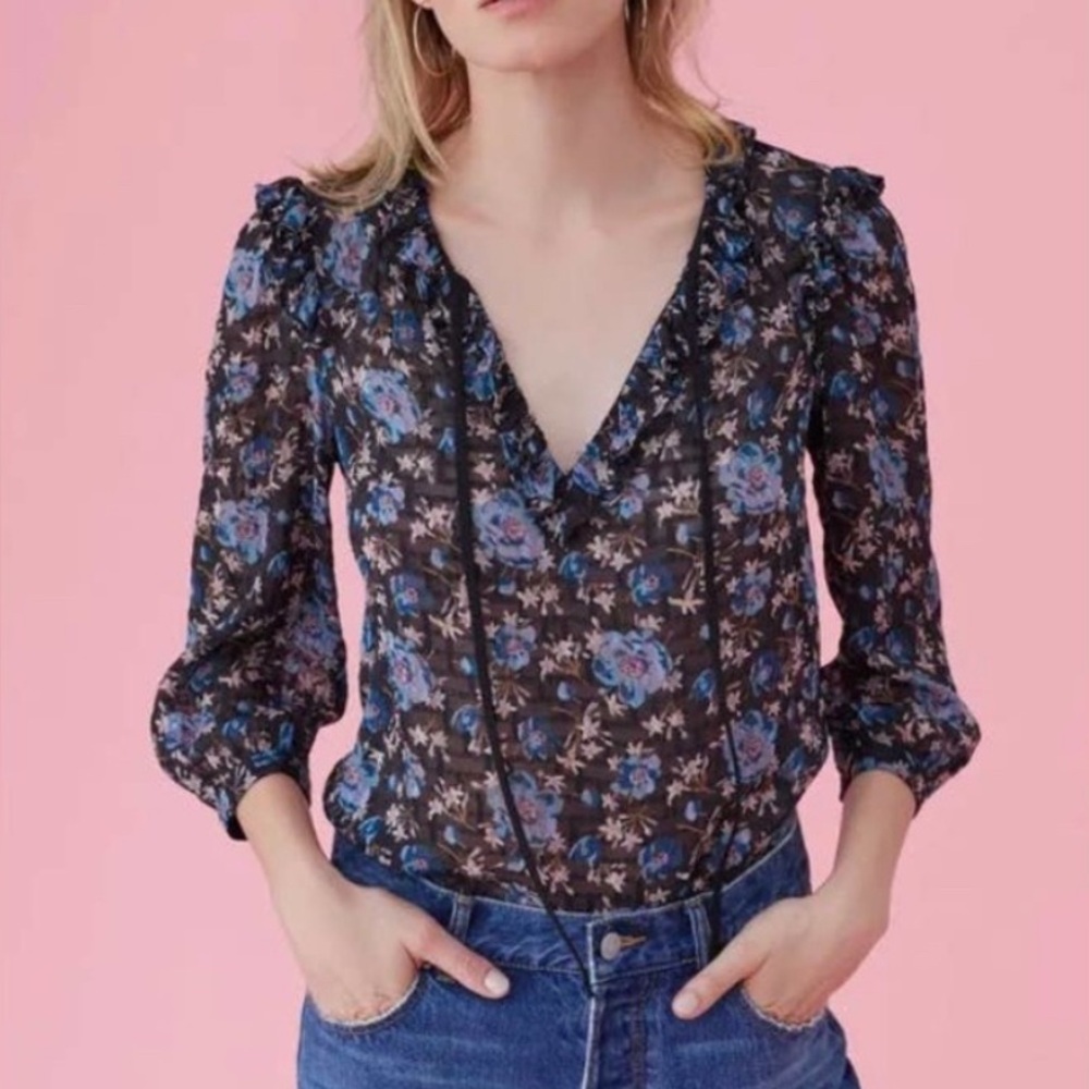 Rebecca Taylor Solstice Floral Pullover Blouse Black Silk Workwear Womens 00 XS